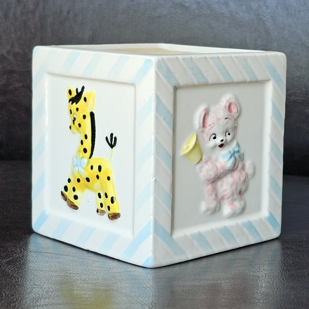 Vintage Napco Japan Planter Baby's Nursery Zoo Animals Blue White Block 4"